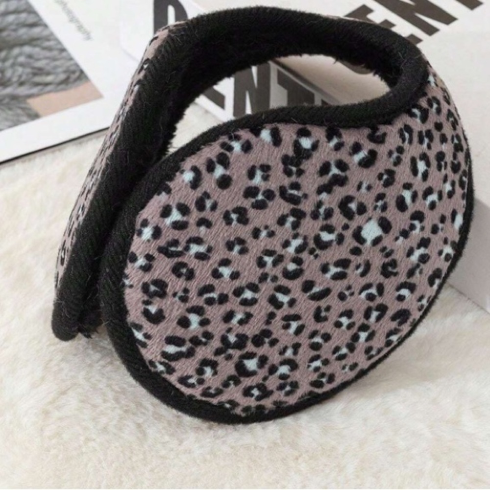 Ear Muffs Snow Leopard Print Plush Faux Fur Black Gray White One Size